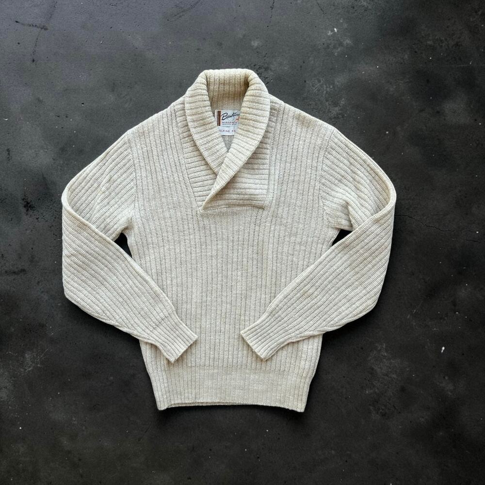 Vintage 70s Brentwood Alpine Knit 100% Wool Shawl Collar Sweater Men’s 44 Preppy